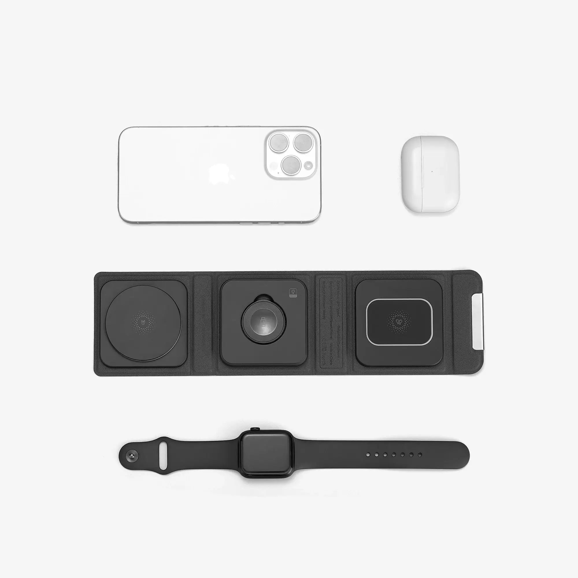 Cubica MagSafe charger with iPhone, Apple Watch, and AirPods placed on each charging pad for simultaneous charging.