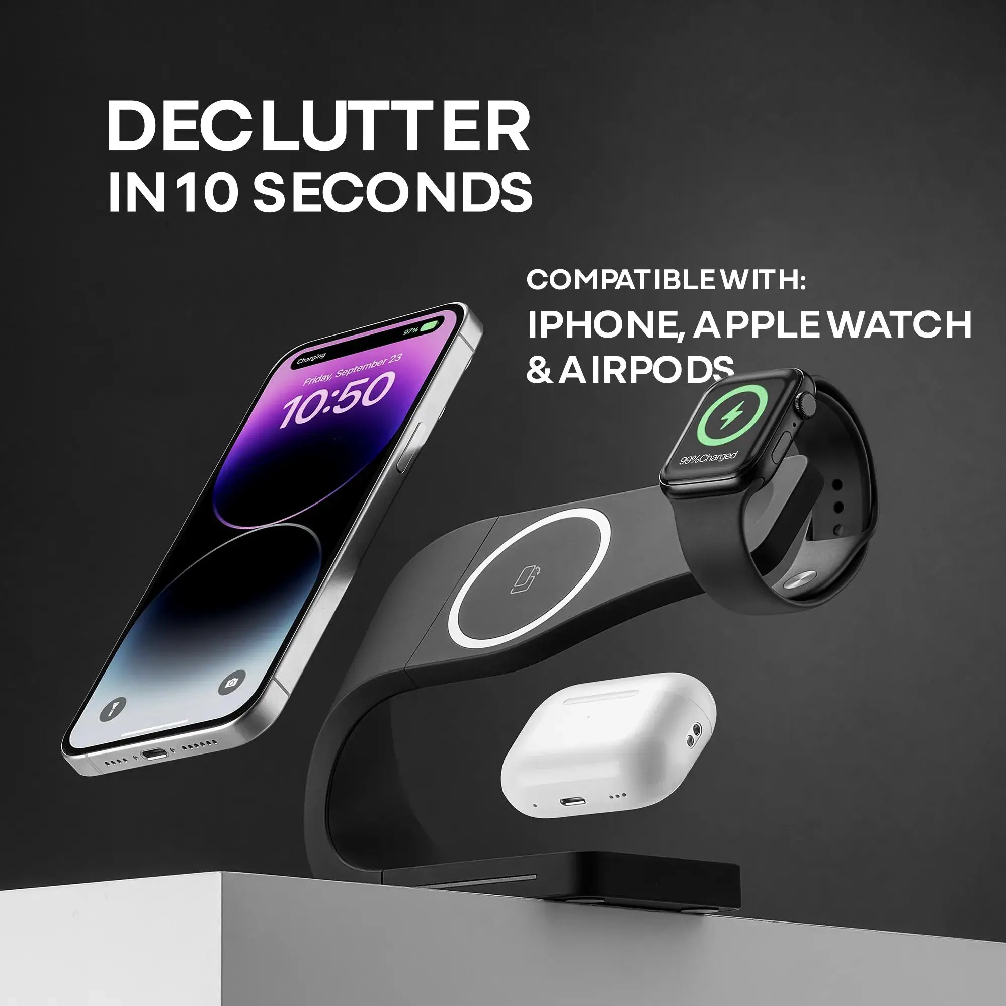 3-in-1 wireless charging station for iPhone Apple Watch AirPods declutter nightstand