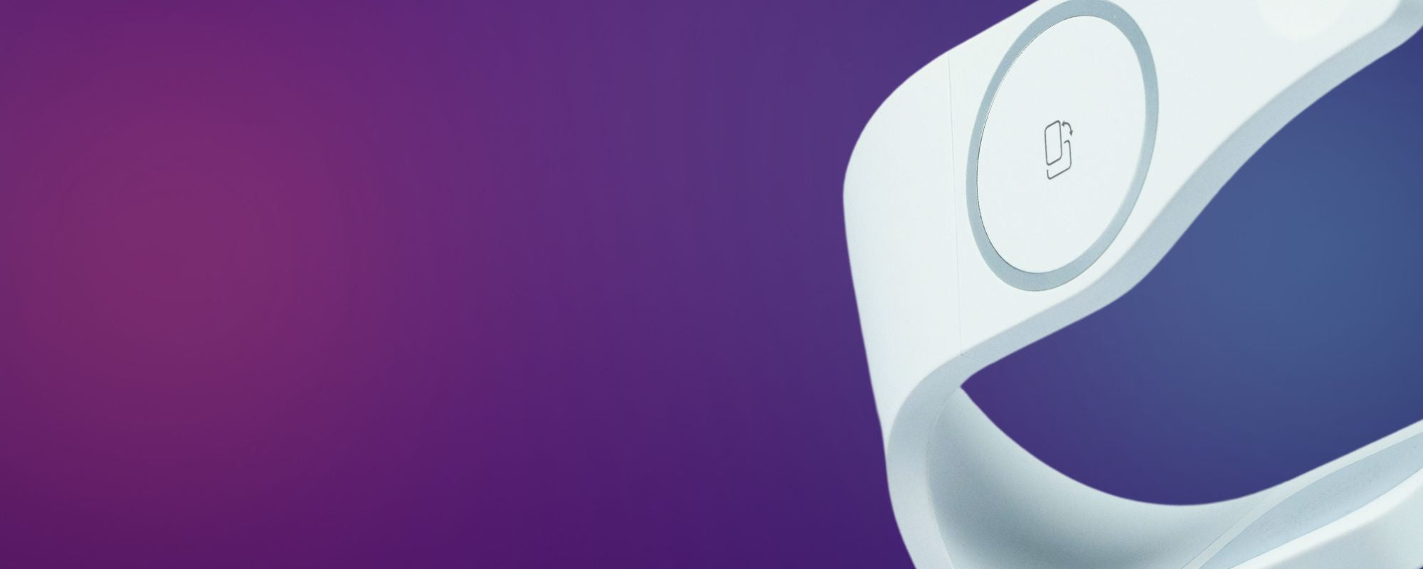 Close-up of the CUBICA MagSafe charger by Modern Standard, featuring a sleek white design with a prominent logo on a vibrant purple background, ideal for stylish tech enthusiasts.