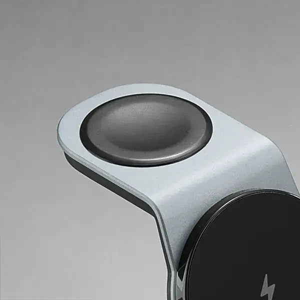 Slate gray Magnitis MagSafe charging stand with aluminum body optimized for sleep-friendly bedside charging