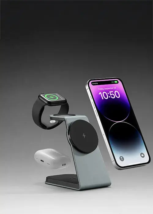 Slate gray Magnitis MagSafe charging stand with super strong magnets holding iPhone, Apple Watch, and AirPods floating