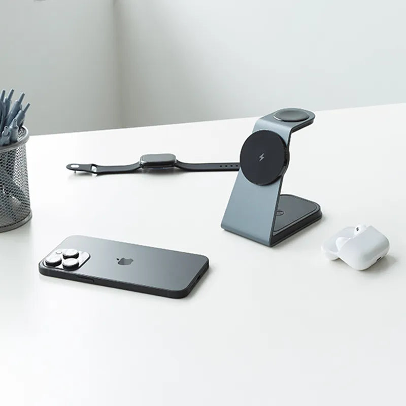 MAGNITIS aluminum charging station decluttering desk with iPhone Apple Watch AirPods organized