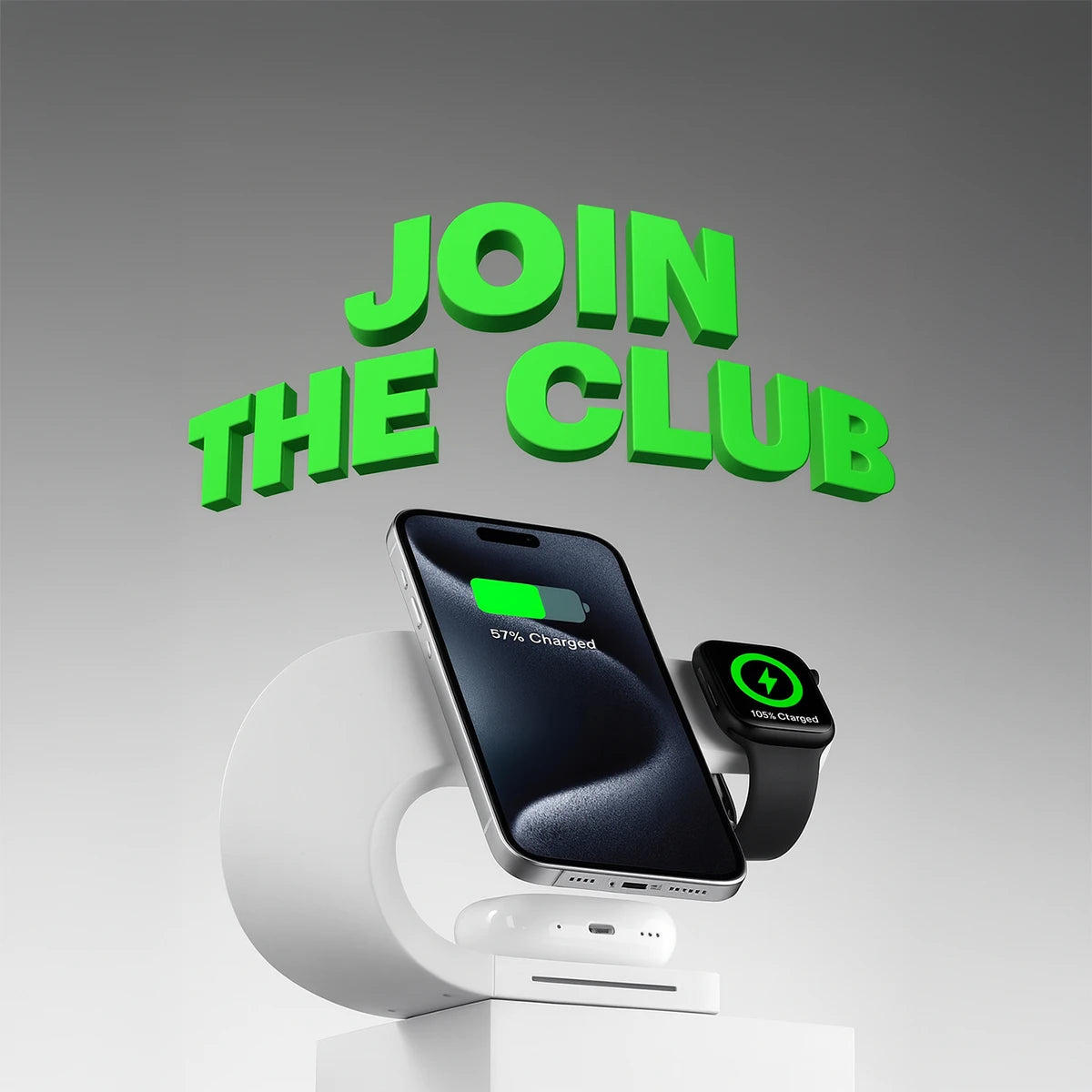 Magnitis 3-in-1 MagSafe charger in space white powering iPhone, Apple Watch and AirPods with Join the Club promo | Modern Standard