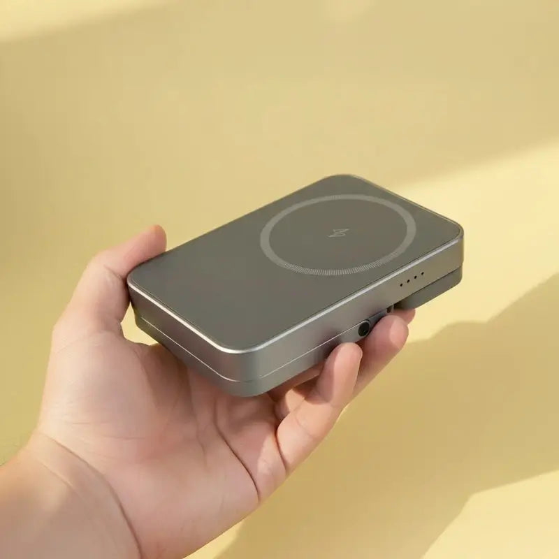 Modern Standard Via MagSafe wireless power bank held in hand, sleek aluminum finish
