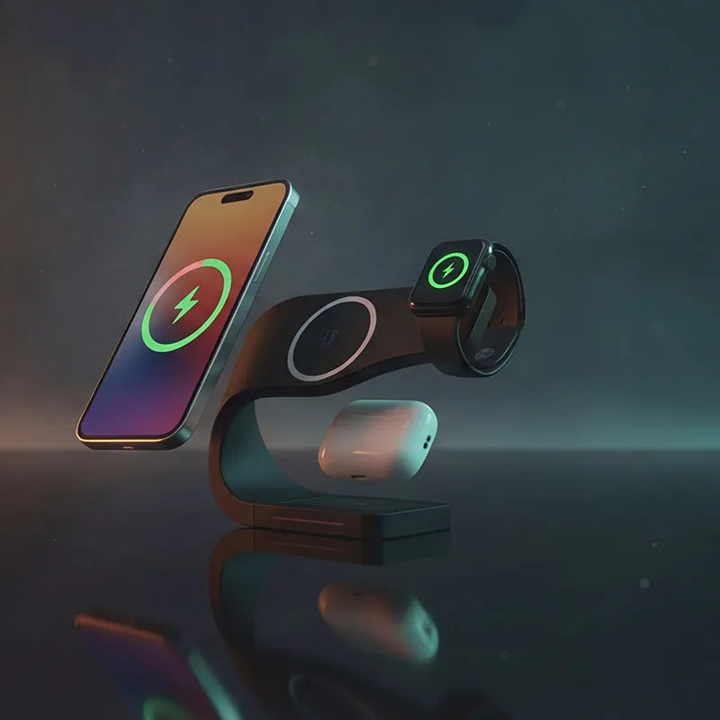modern standard magsafe charging station, iPhone, Apple Watch & AirPods suspended mid-air, futuristic background.