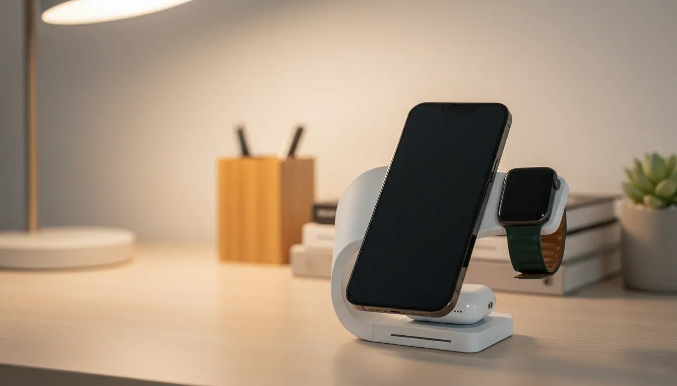Modern Standard Simpli MagSafe 3-in-1 wireless charging station with iPhone, Apple Watch, and AirPods on a tidy desk.