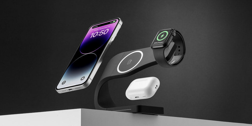 MagSafe-compatible 3-in-1 wireless charging stand effortlessly powering iPhone, Apple Watch, and AirPods on a sleek modern design