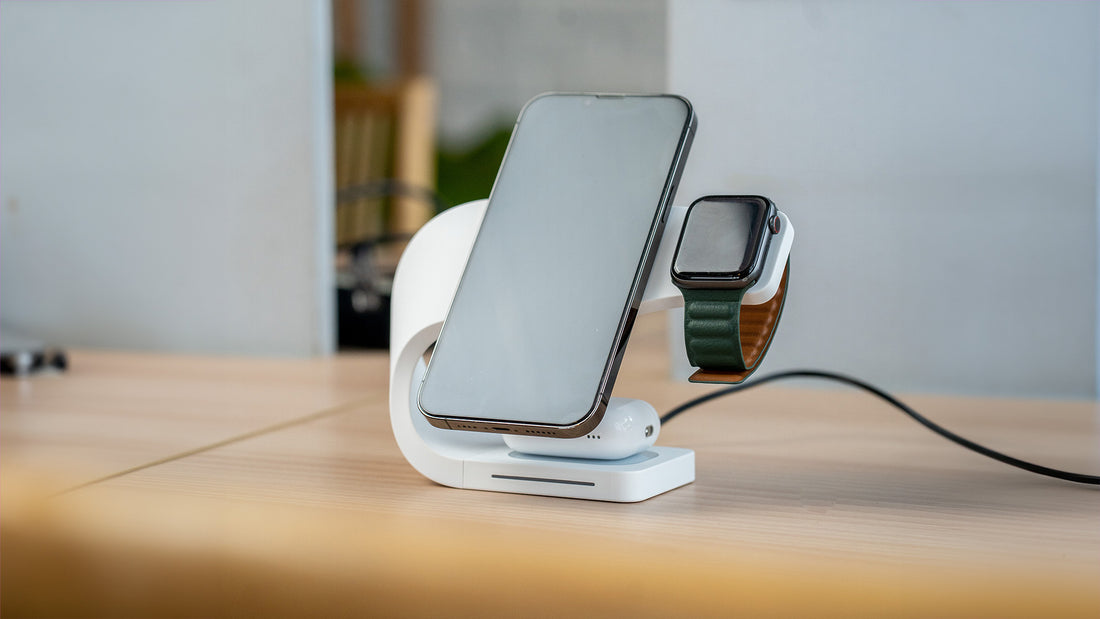Simpli with iPhone, Apple Watch & AirPods on a desk. 