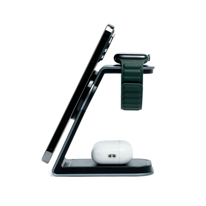 MAGNITIS charging station with iPhone Apple Watch AirPods slate grey aluminum 3-in-1 MagSafe dock
