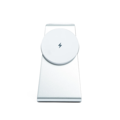 MAGNITIS wireless charging stand space white aluminum MagSafe dock for Apple devices
