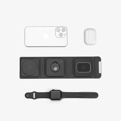 Cubica MagSafe charger with iPhone, Apple Watch, and AirPods placed on each charging pad for simultaneous charging.
