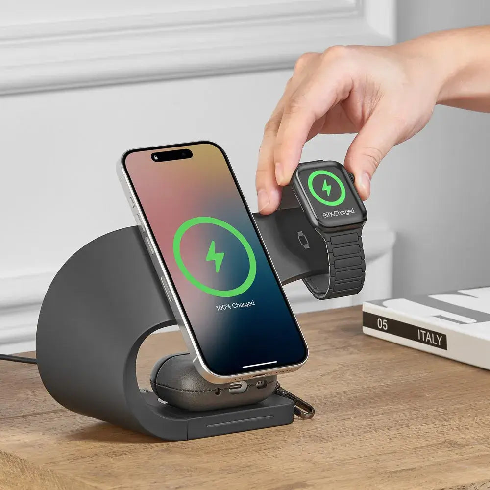 Modern Standard Simpli MagSafe 3-in-1 wireless charging stand in black, charging iPhone, Apple Watch, and AirPods effortlessly.