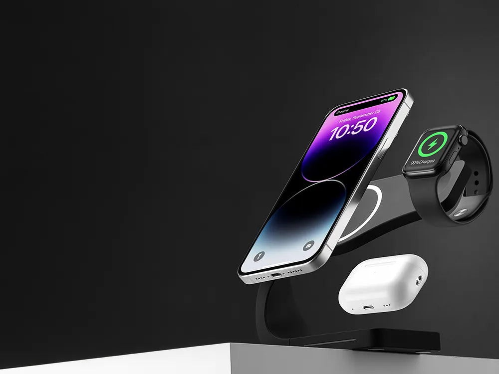 Modern Standard Simpli 3-in-1 MagSafe wireless charger in black, powering iPhone, Apple Watch, and AirPods with intelligent protection