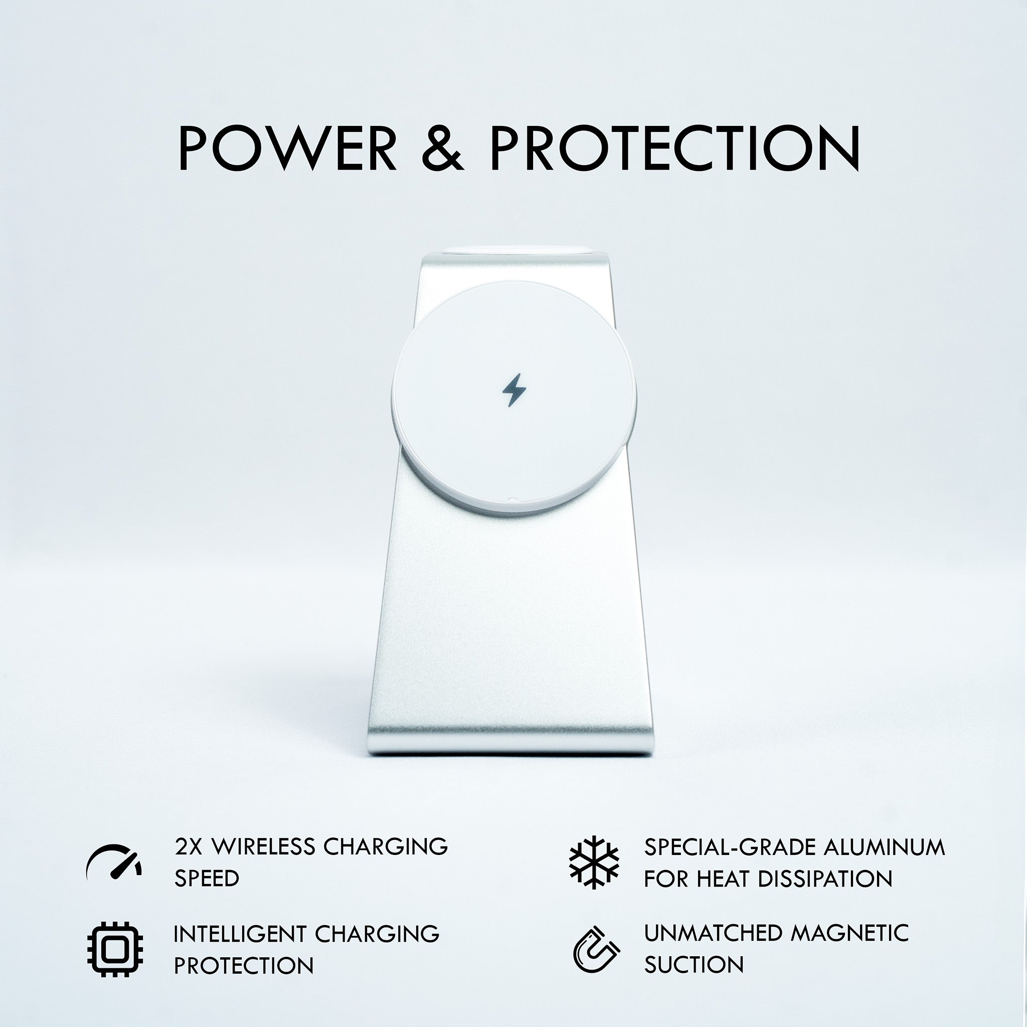 Magnitis MagSafe 3-in-1 Charging Station emphasizing 'Power & Protection' with 2x wireless charging speed, intelligent charging protection, and special-grade aluminum for heat dissipation.
