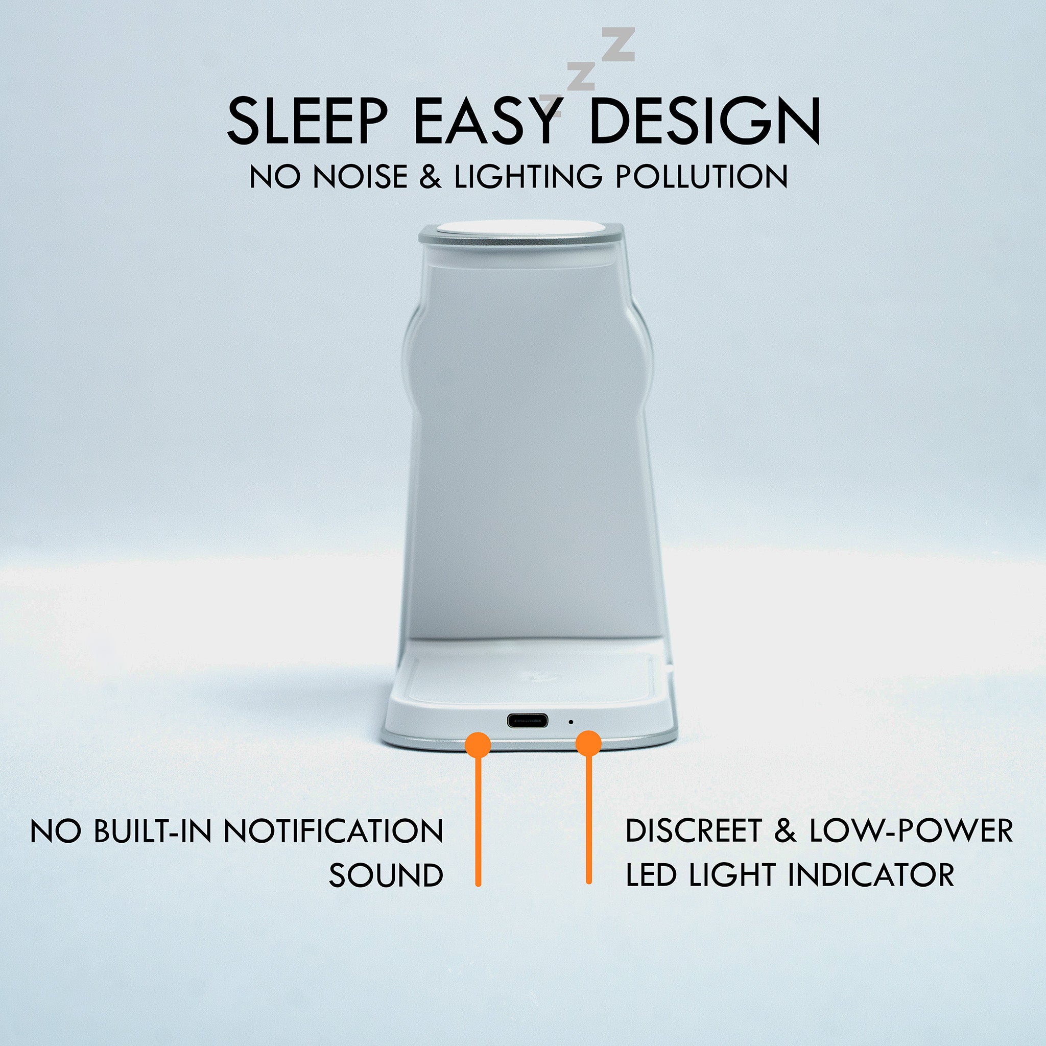 The Magnitis MagSafe 3-in-1 Charging Station highlighted for its 'Sleep Easy Design' with no noise and light pollution features, showcasing a discreet LED indicator and absence of notification sounds."