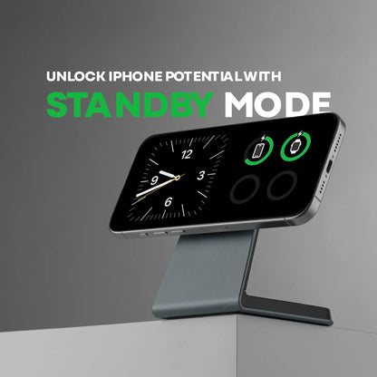 iPhone StandBy mode on MAGNITIS aluminum MagSafe charging stand wireless dock nightstand
