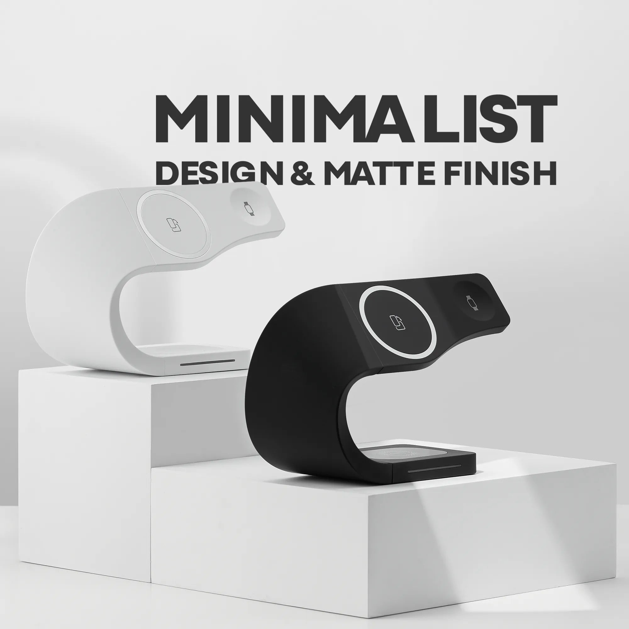 SIMPLI wireless charging stand minimalist design in midnight black and ivory white
