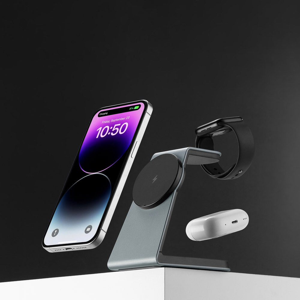 Wireless charging station for smartphone, watch and earbuds