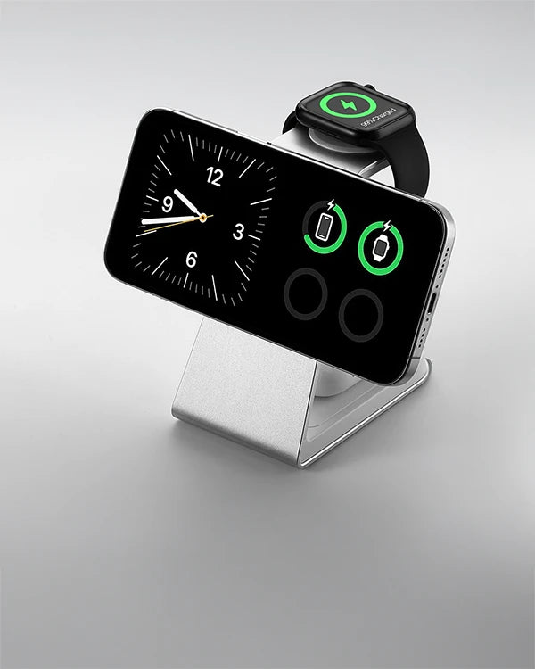 Magnitis 3-in-1 MagSafe charger in space grey holding iPhone in StandBy mode and Apple Watch | Modern Standard