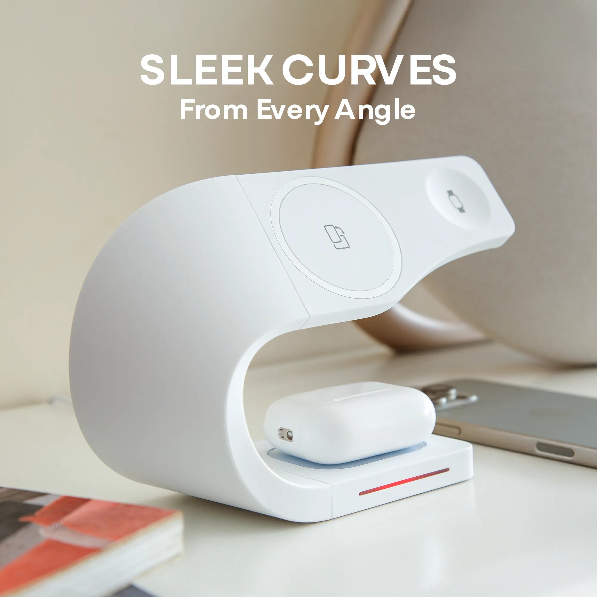 SIMPLI 3-in-1 MagSafe charging station ivory white on desk with AirPods charging
